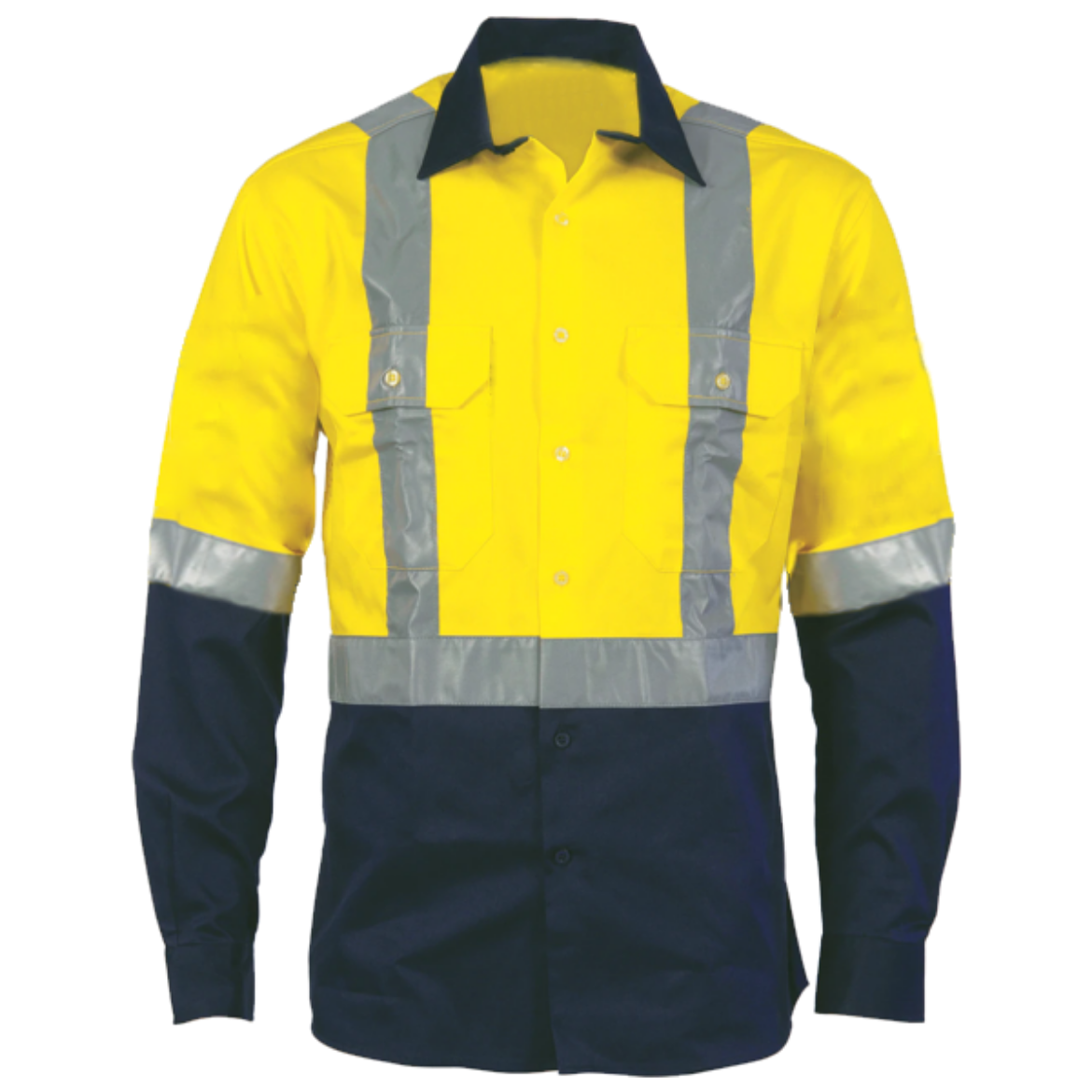 Picture of Cotton Drill Shirt Long Sleeve X Pattern Reflective Tape Yellow/Navy 4XL
