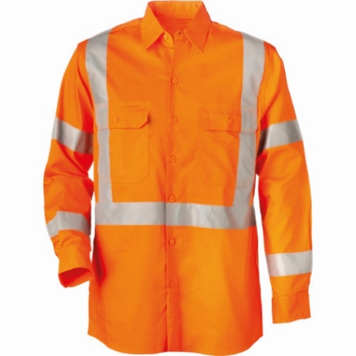 Picture of Cotton Drill Shirt Lightweight Horizontal Cooling Vents Long Sleeve Rail X Reflective Tape Orange Inc ARTC Emb Logo Sze L (CF10009)