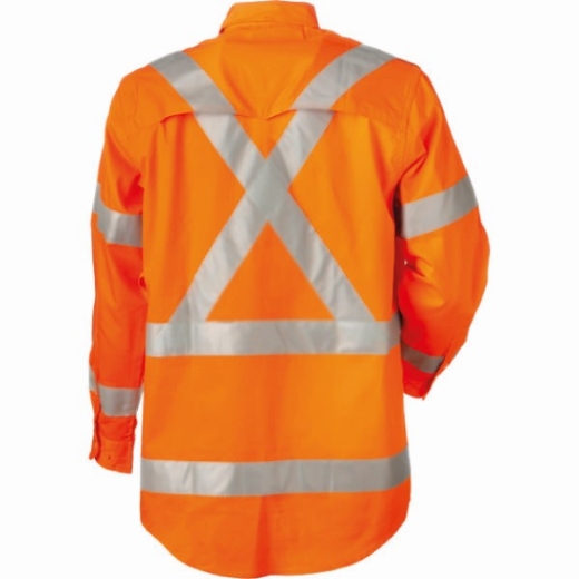 Picture of Cotton Drill Shirt Lightweight Horizontal Cooling Vents Long Sleeve Rail X Reflective Tape Orange Inc ARTC Emb Logo Size XXL  (CF10009)