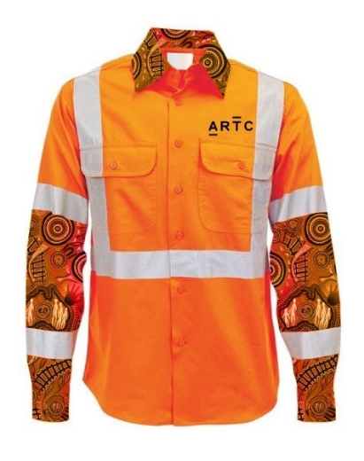 Picture of Cotton Drill Shirt Lightweight Indigenous Design Long Sleeve Rail X Reflective Tape Orange Inc ARTC Emb Logo Size L