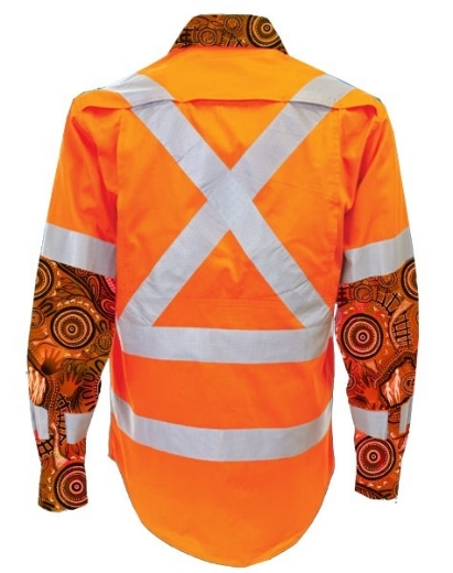 Picture of Cotton Drill Shirt Lightweight Indigenous Design Long Sleeve Rail X Reflective Tape Orange Inc ARTC Emb Logo Size 5XL