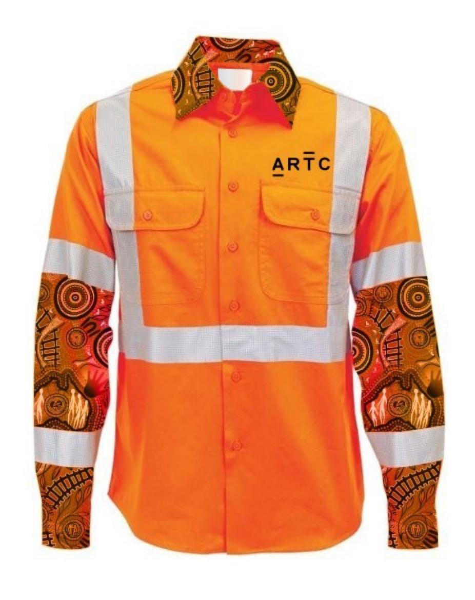 Picture of Cotton Drill Shirt Lightweight Indigenous Design Long Sleeve Rail X Reflective Tape Orange Inc ARTC Emb Logo Size XS