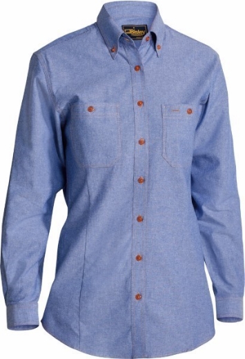 Picture of Bisley Ladies Chambray Shirt Long Sleeve 100% Cotton Blue