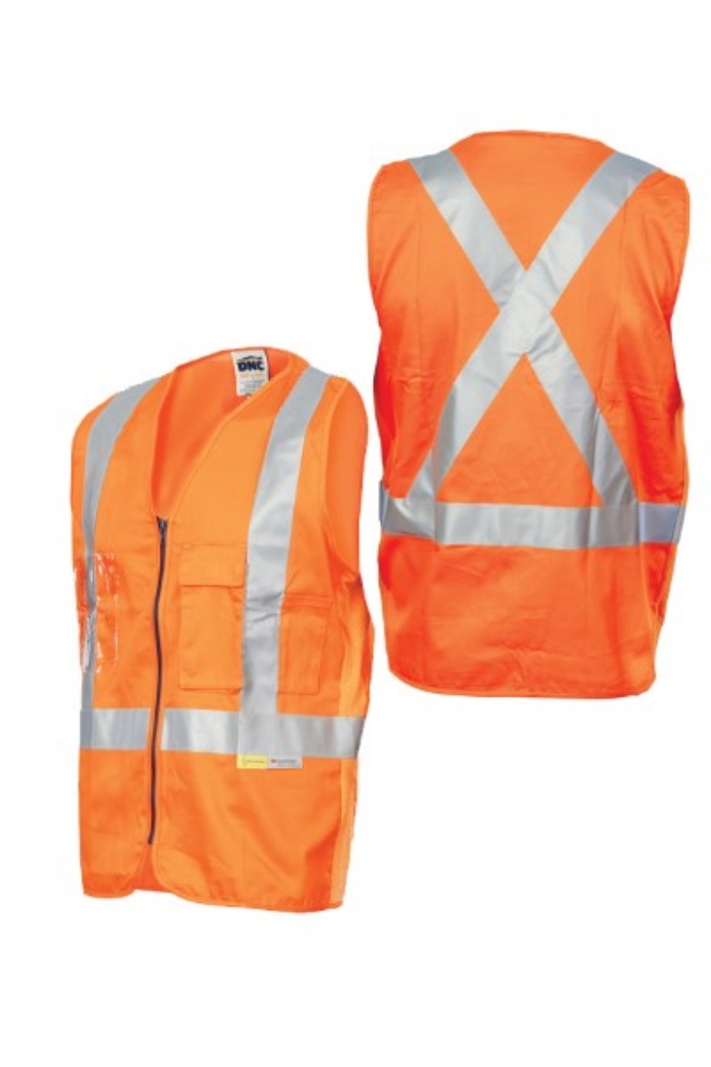 Picture of DNC Safety Vest ID Pocket Zip Front 100% Cotton Reflective Tape X Back Orange