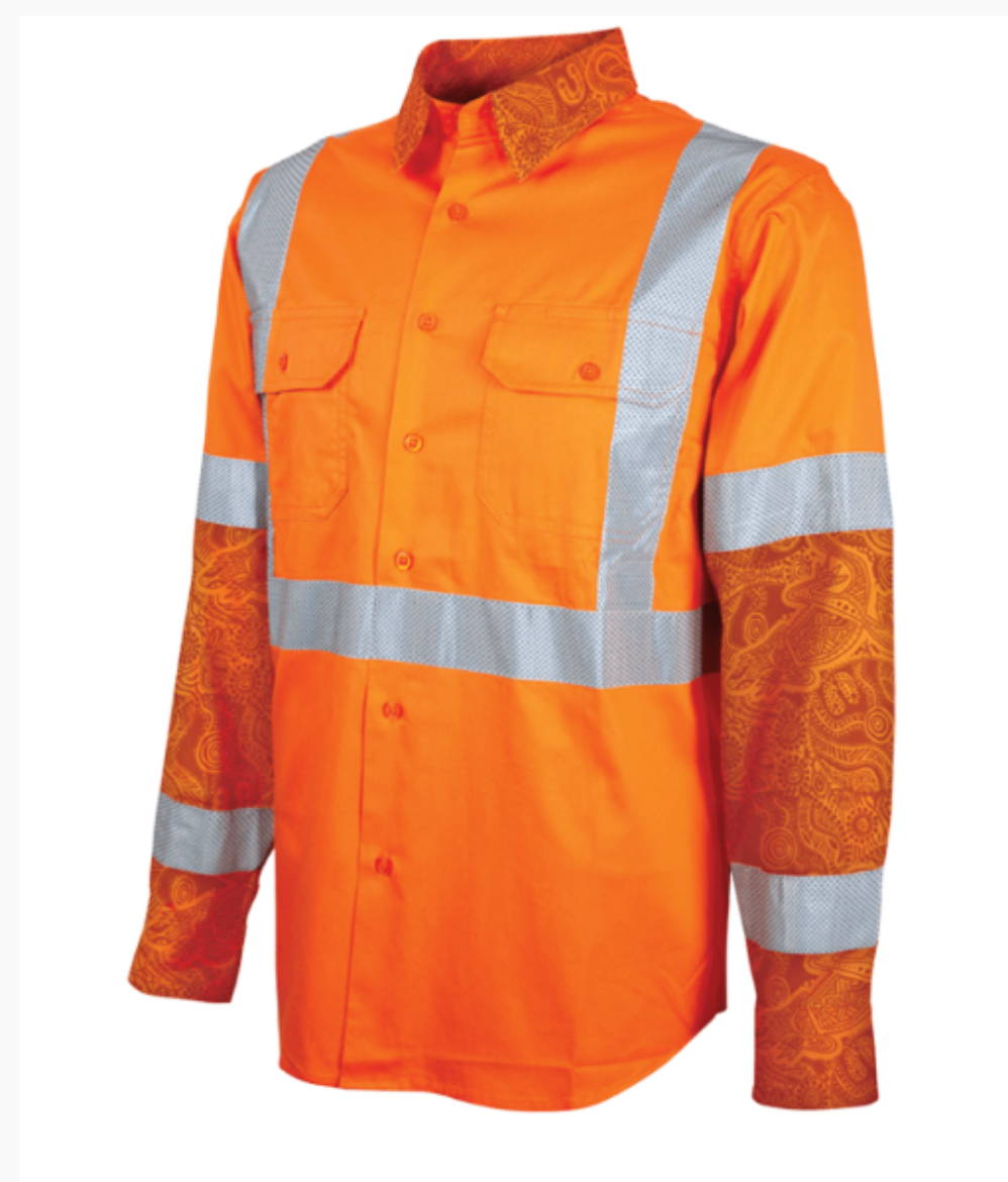 Picture of MaxCool Indigenous Design Cotton Drill Shirt with X Pattern Rail Perforated Reflective Tape Long Sleeve Orange
