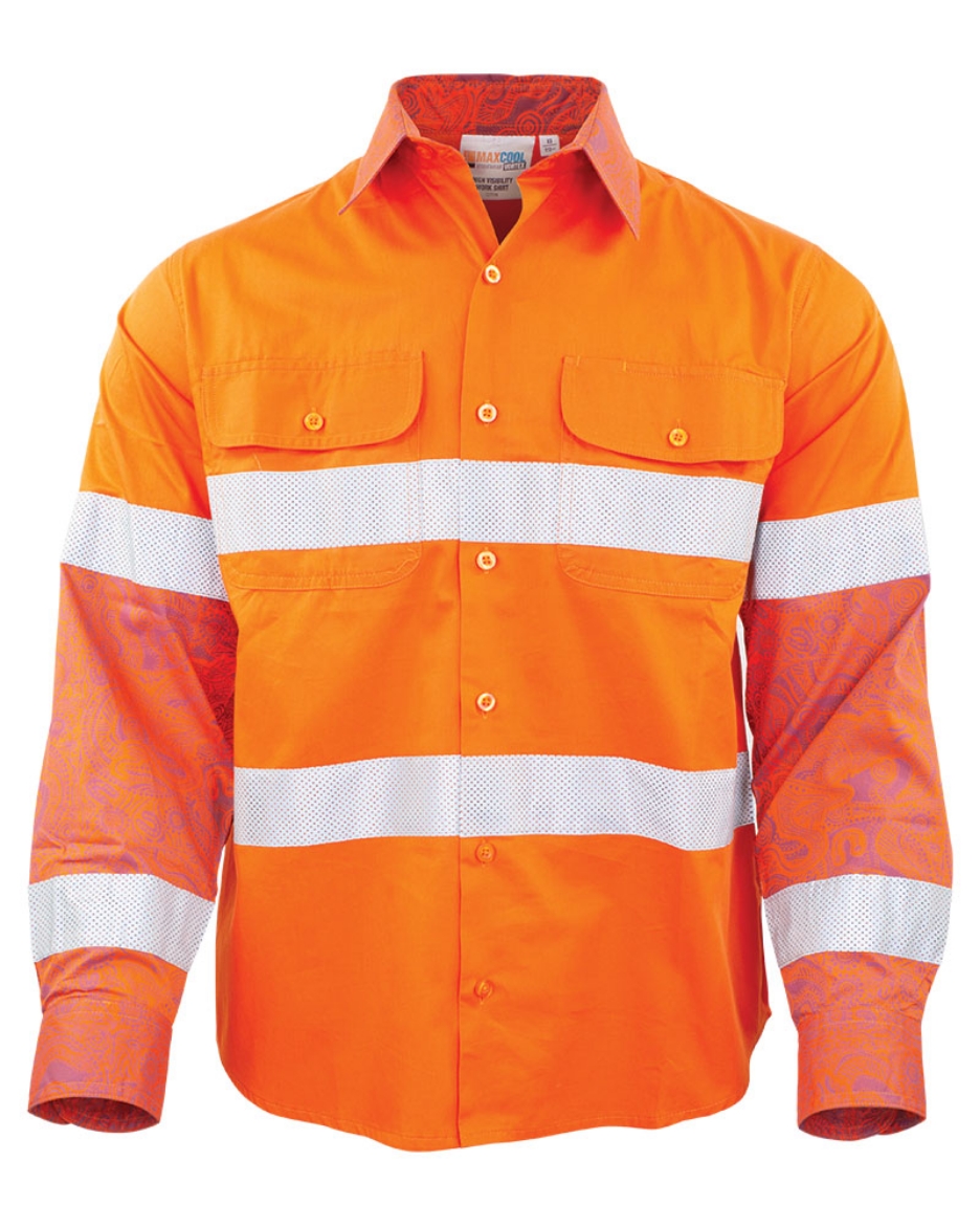 Picture of MaxCool Bloodlines Indigenous Design Cotton Drill Shirt with QLD Rail Perforated Reflective Tape Long Sleeve Orange
