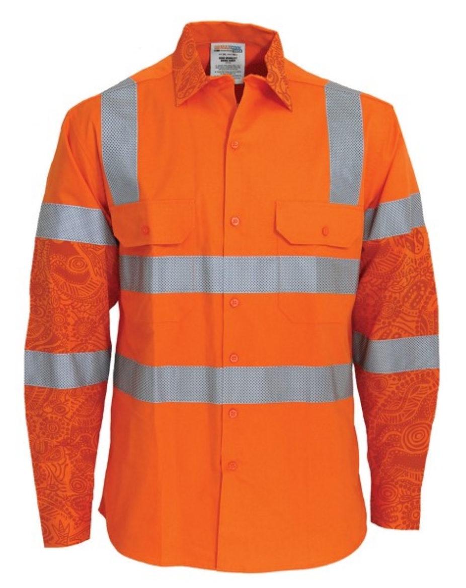 Picture of MaxCool Bloodlines Indigenous Design Cotton Drill Shirt with Vic Rail Perforated Reflective Tape Long Sleeve Orange