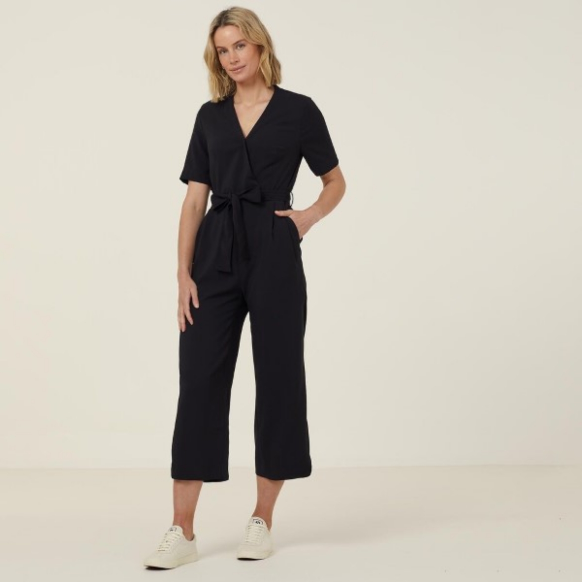 Picture of NNT Ladies Georgette Heavy Stretch Short Sleeve Jumpsuit Black