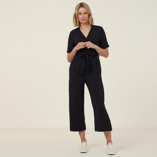Picture of NNT Ladies Georgette Heavy Stretch Short Sleeve Jumpsuit Black