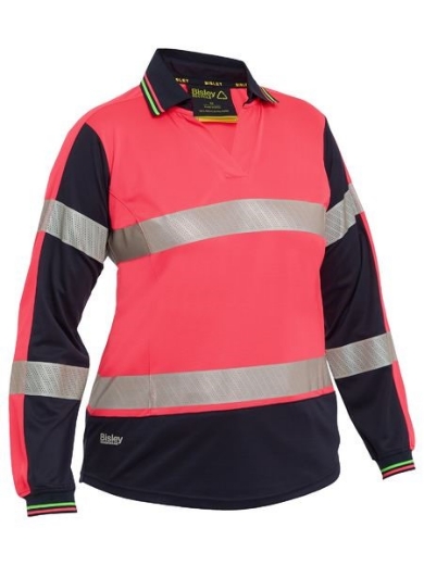 Picture of Bisley Ladies Polo Shirt V-Neck Long Sleeve 100% Polyester Mesh with Perforated Reflective Tape