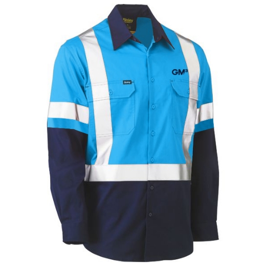 Picture of Bisley Ladies Cotton Drill Shirt Lightweight Long Sleeve Rail X Reflective Tape Blue/Navy Including GM3 Logo