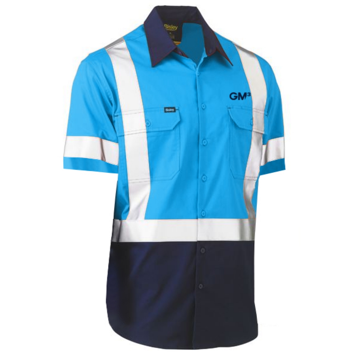 Picture of Bisley Cotton Drill Shirt Lightweight Short Sleeve Rail X Reflective Tape Blue/Navy Including GM3 Logo